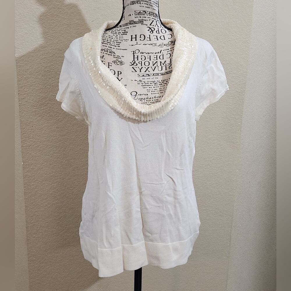 Cache Sequins cowl neck winter white soft short‎ sleeve sweater size large